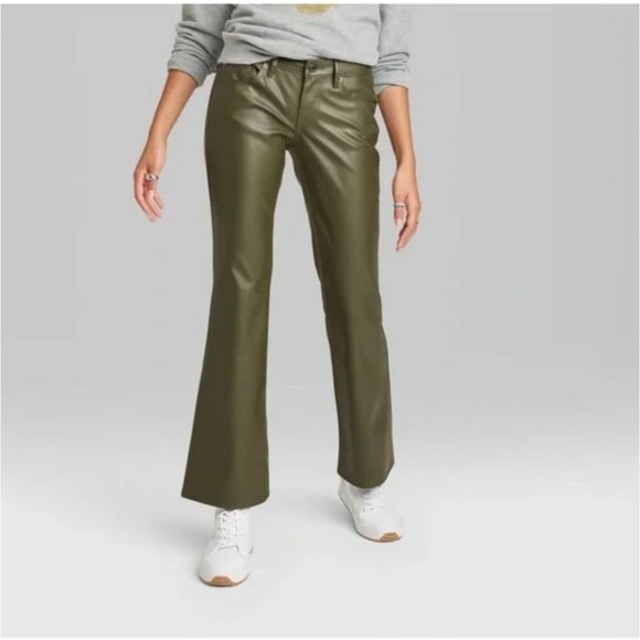 Wild‎ Fable Womens Low Rise Flare Pants NWT 00 Olive Green Faux Leather - Picture 1 of 9